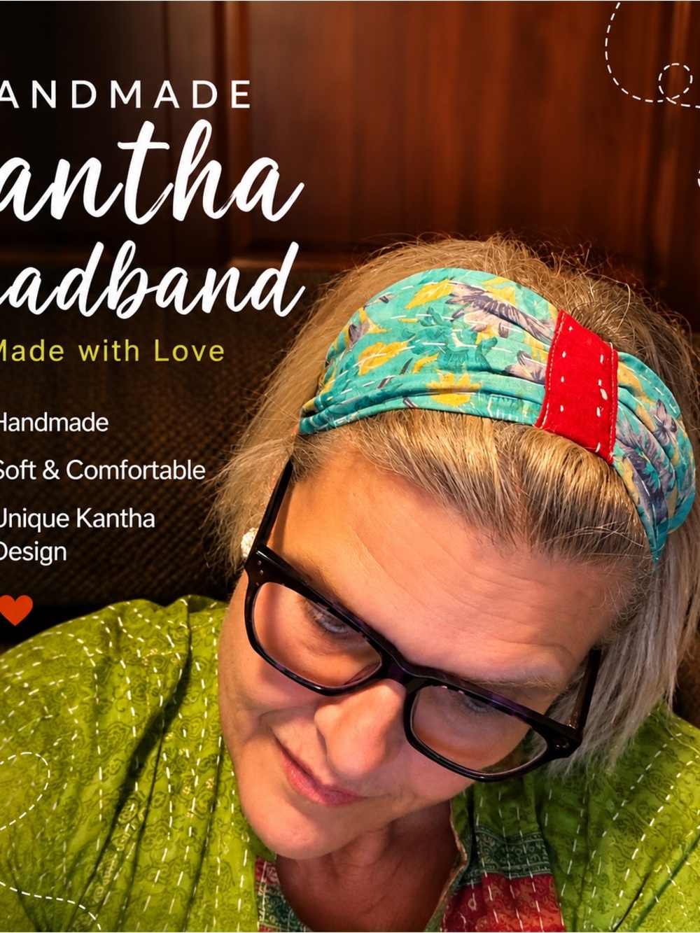 Handmade Kantha Headband in Teal with Red Accent-Made in India